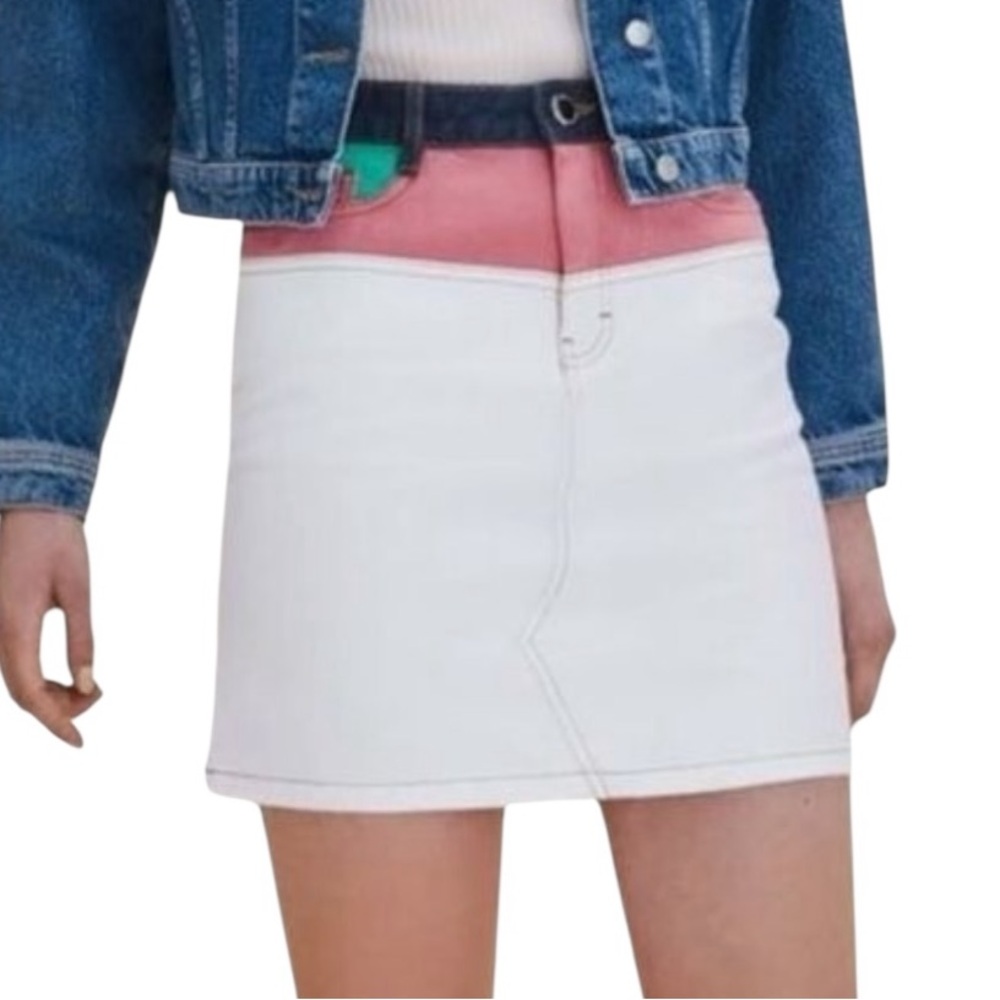 Maje Paris Contrast Colorblock White Denim Mini Skirt NWT